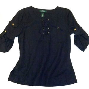 Ralph Lauren Black Linen Lace Up Top Gold Buttons